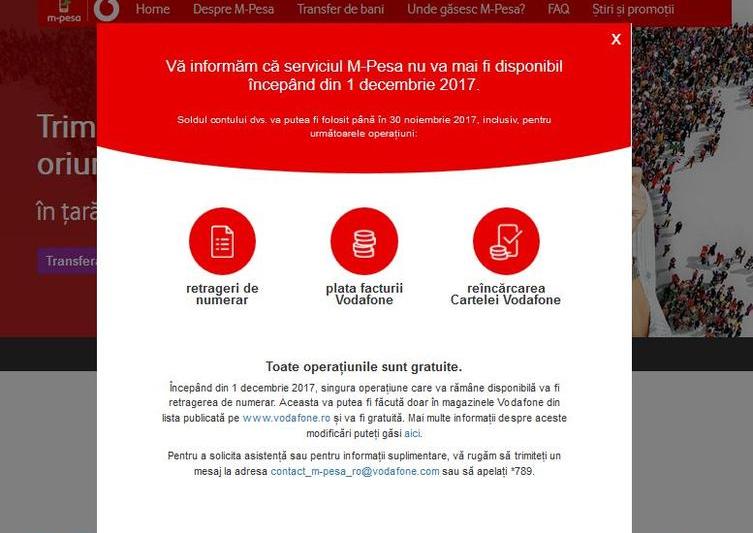 Vodafone inchide serviciul M-Pesa, Foto: Captura ecran Vodafone