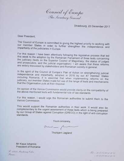 Scrisoarea lui Thorbjorn Jagland, Foto: Consiliul Europei