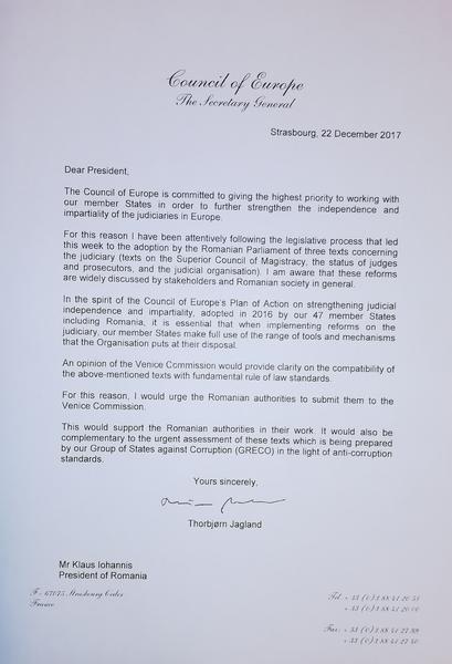 Scrisoarea lui Thorbjorn Jagland, Foto: Consiliul Europei