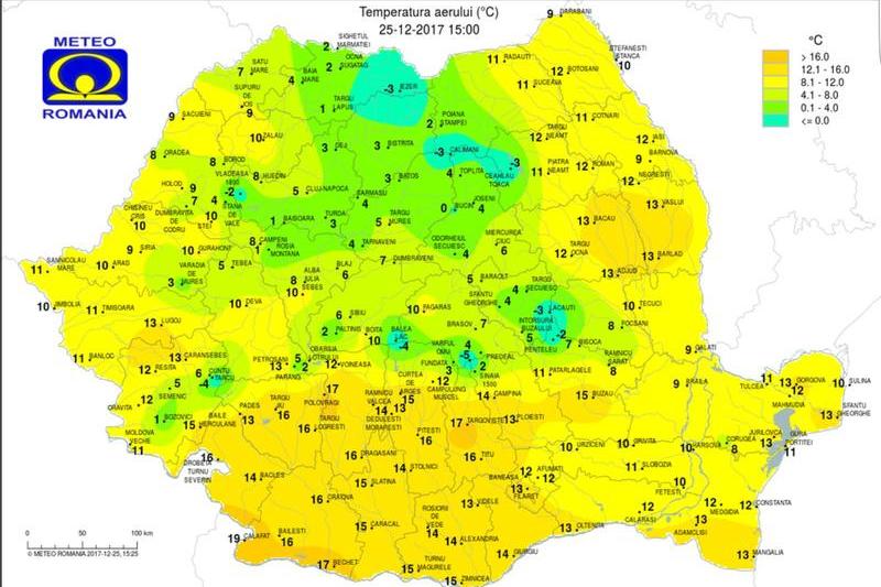 Temperaturile, pe 25 decembrie 2017, la ora 15, Foto: INMH