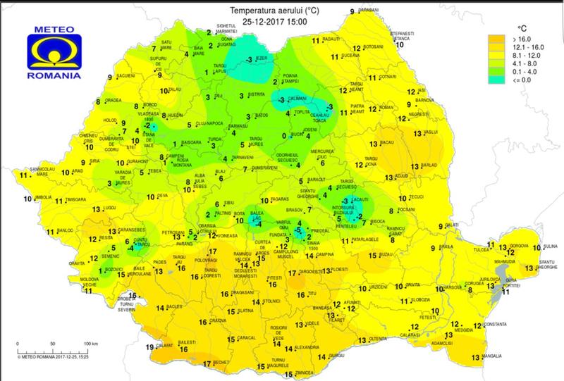 Temperaturile, pe 25 decembrie 2017, la ora 15, Foto: INMH