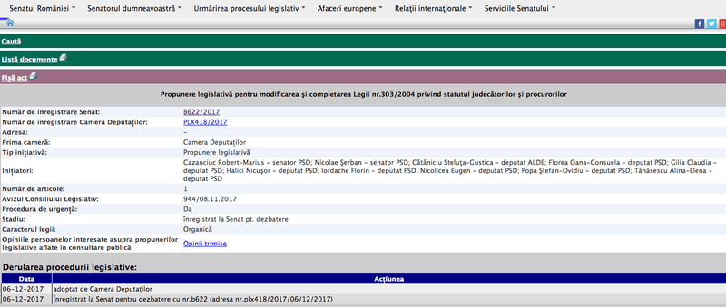 Captura ecran site-ul Senatului - legea apare adoptata pe 06.12.2017, Foto: Hotnews
