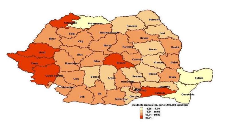 Distributia geografica a incidentei rujeolei, 2016-2017, Foto: CNSCBT