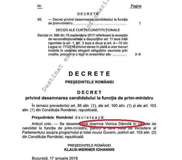 Decret desemnare Viorica Dancila, Foto: Monitorul Oficial