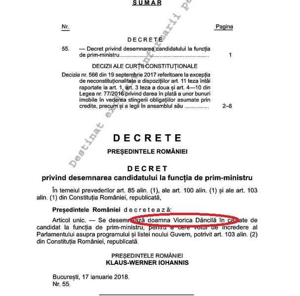 Decret desemnare Viorica Dancila, Foto: Monitorul Oficial