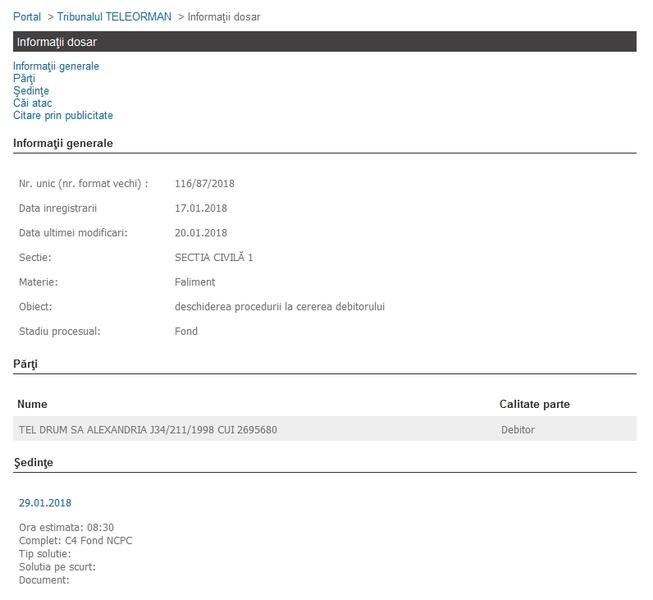 Tel Drum isi cere insolventa, Foto: portal.just.ro