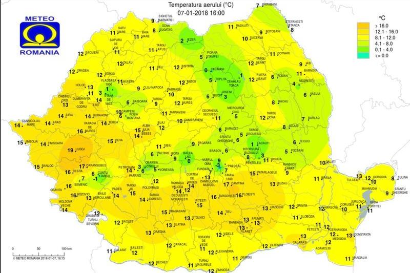 Temperaturile la ora 16.00, pe 7 ianuarie, Foto: INMH