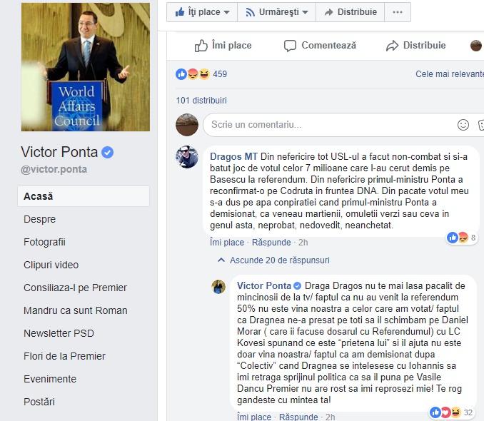 Raspunsul lui Victor Ponta, Foto: Captura Facebook