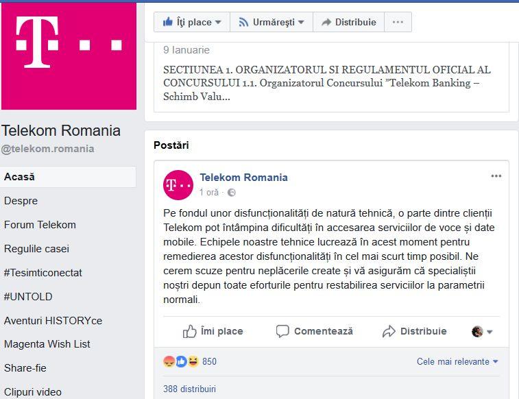 Reteua Telekom, momentan indisponibila, Foto: Captura Facebook