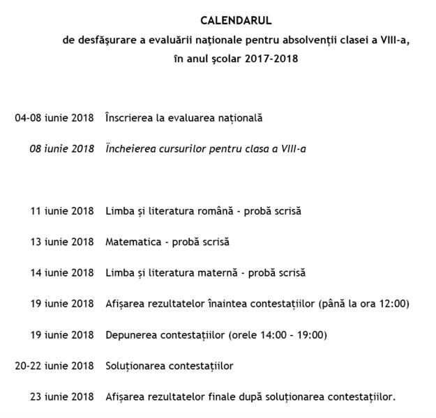 Calendar Evaluarea Nationala 2018, Foto: edu.ro