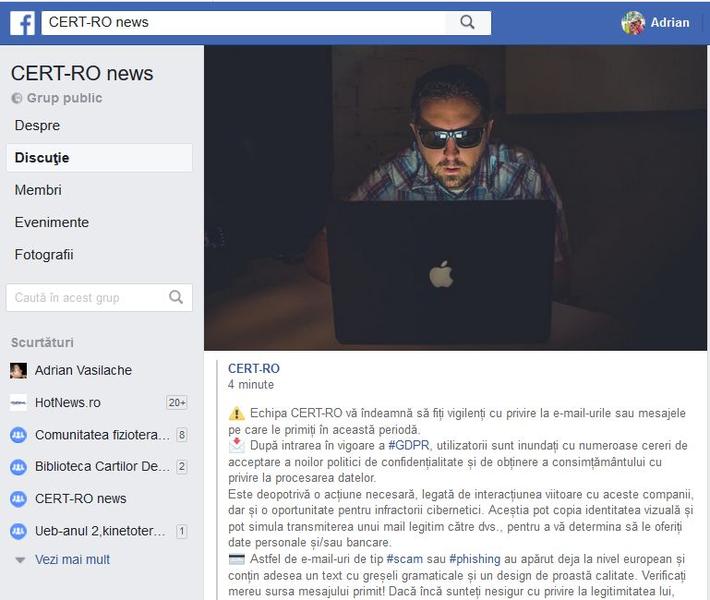 Atentionare CERT-RO, Foto: Captura Facebook