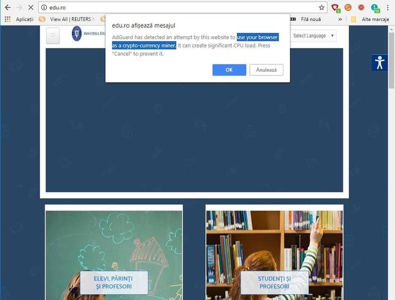 Edu.ro mineaza criptomonede, Foto: Captura edu.ro