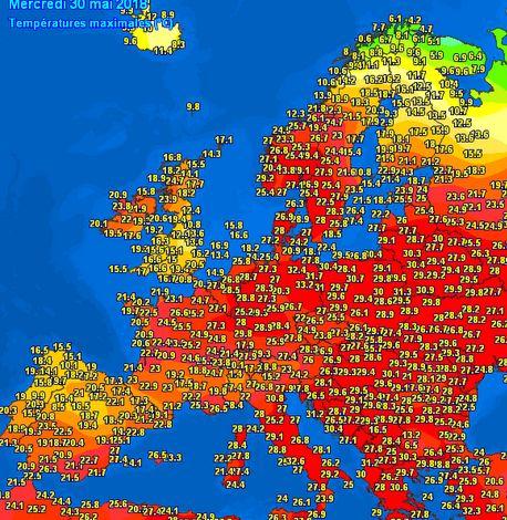 Pe 30 mai temperaturile au atins valori neobisnuit de mari in nordul Europei, Foto: Meteociel