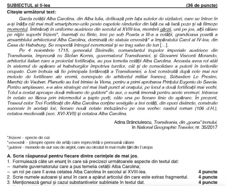 Fragment din subiectele la Romana, Evaluarea Nationala 2018, Foto: edu.ro