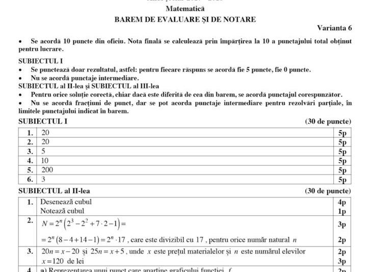 Fragment din baremul la Matematica, Foto: edu.ro