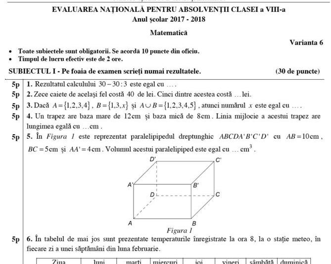 Fragment din subiectele la Matematica, Foto: edu.ro