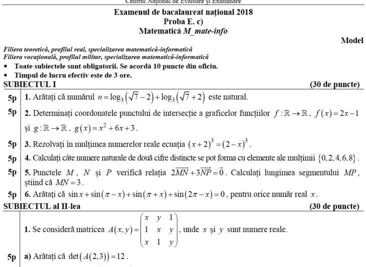 Model de subiect de Matematica pentru elevii de la mate-info, Foto: edu.ro