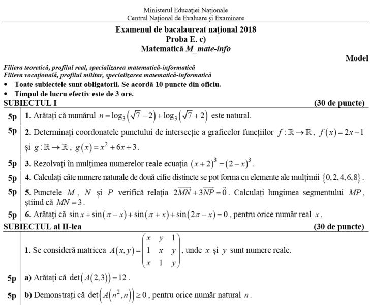 Model de subiect de Matematica pentru elevii de la mate-info, Foto: edu.ro