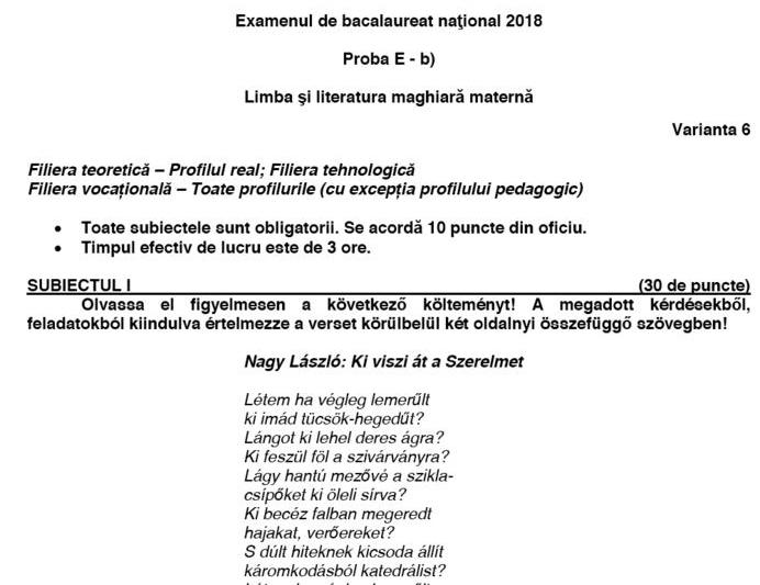 Fragment din Subiectele la Limba maghiara materna 2018, Foto: edu.ro