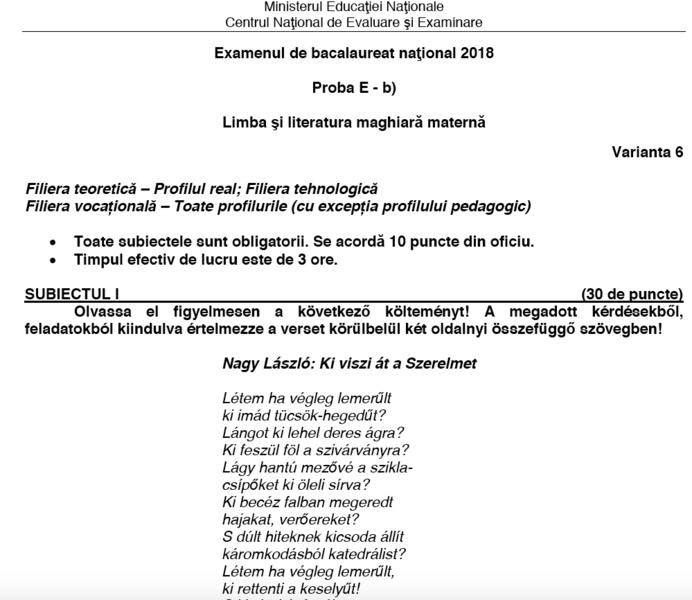 Fragment din Subiectele la Limba maghiara materna 2018, Foto: edu.ro