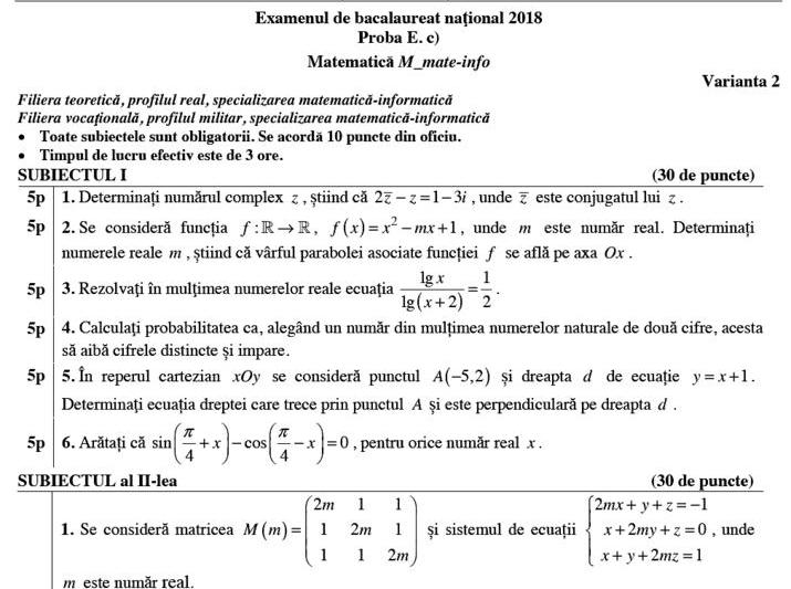 Fragment din subiectele la Matematica de la BAC 2018, Foto: edu.ro