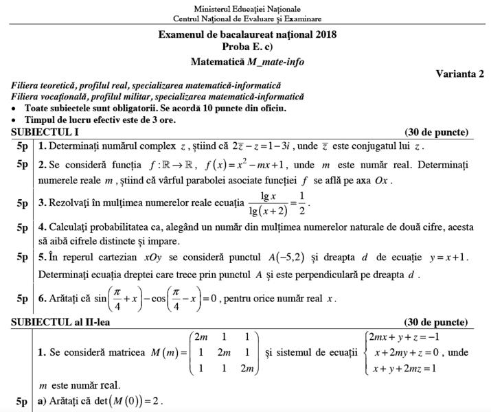 Fragment din subiectele la Matematica de la BAC 2018, Foto: edu.ro