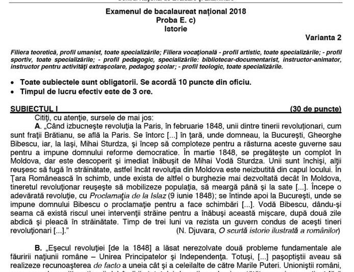 Fragment din subiectele la Istorie - BAC 2018, Foto: edu.ro