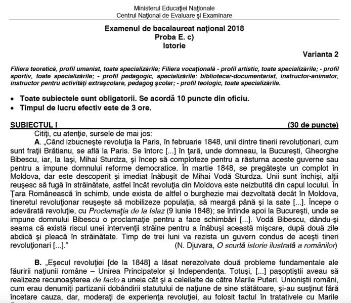 Fragment din subiectele la Istorie - BAC 2018, Foto: edu.ro