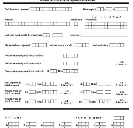 Fragment dintr-o fisa de inscriere la liceu, Foto: ismb.edu.ro