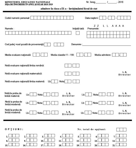 Fragment dintr-o fisa de inscriere la liceu, Foto: ismb.edu.ro