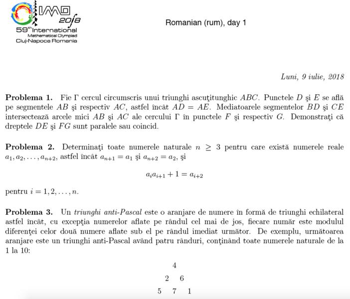 Subiecte de la olimpiada internationala de matematica 2018, Foto: imo-official.org