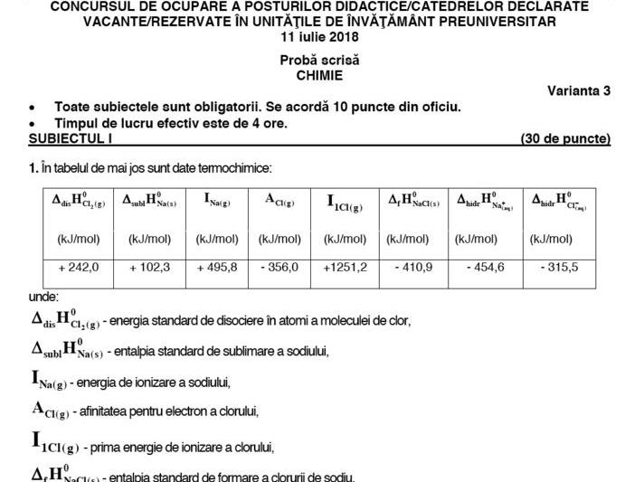 Fragment din subiectele la titularizare 2018 - chimie, Foto: edu.ro