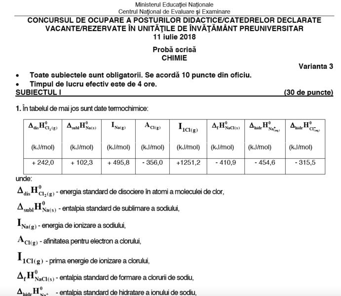 Fragment din subiectele la titularizare 2018 - chimie, Foto: edu.ro