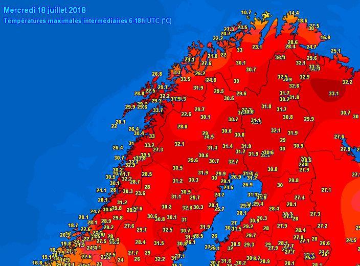 Maximele in nordul Scandinaviei pe 18 iulie, Foto: Meteociel