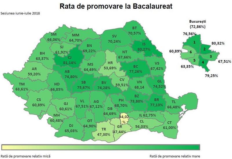 Harta Rata de promovare la BAC pe judete, Foto: edu.ro