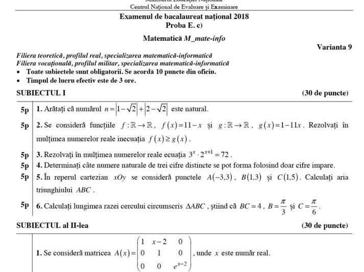 Fragment din subiectele la Matematica, BAC 2018 toamna, Foto: edu.ro