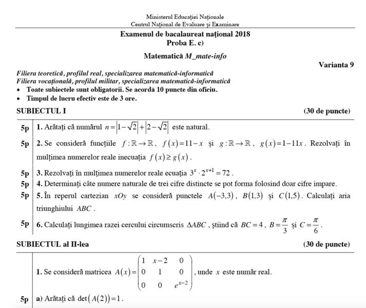 Fragment din subiectele la Matematica, BAC 2018 toamna, Foto: edu.ro