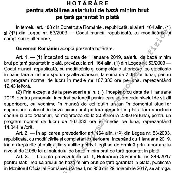 HG Salariu minim 2019, Foto: Monitorul Oficial