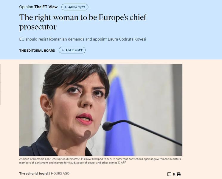 Kovesi in Financial Times, Foto: Captura