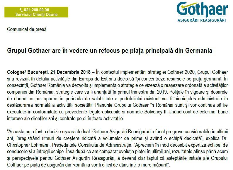 Anuntul Gothaer din decembrie 2018, Foto: Gothaer Asigurari