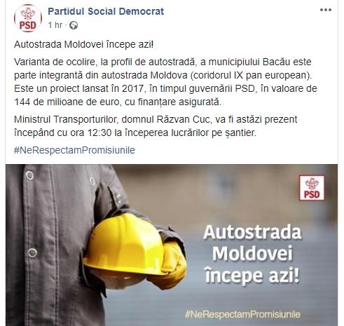 PSD anunta triumfal ca Autostrada Moldovei incepe azi, Foto: Captura Facebook