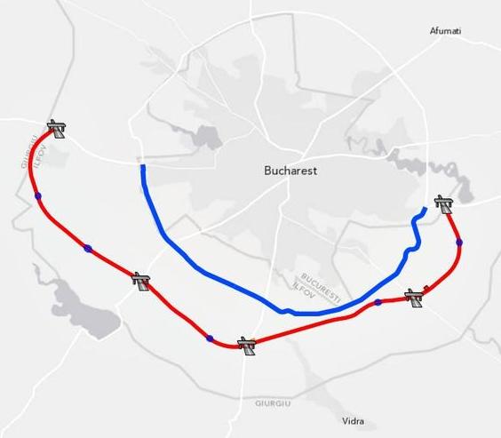 Harta cu centurile Sud ale Capitalei (cu rosu este autostrada de sud - planificata / cu albastru este actuala sosea de centura sud), Foto: Hotnews