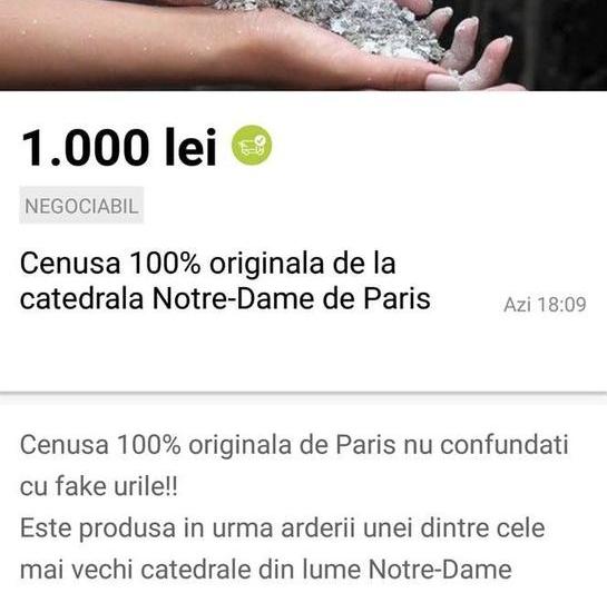 Anunt pe OLX despre cenusa Notre-Dame, Foto: Hotnews