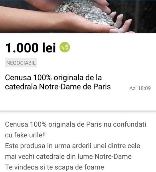 Anunt pe OLX despre cenusa Notre-Dame, Foto: Hotnews