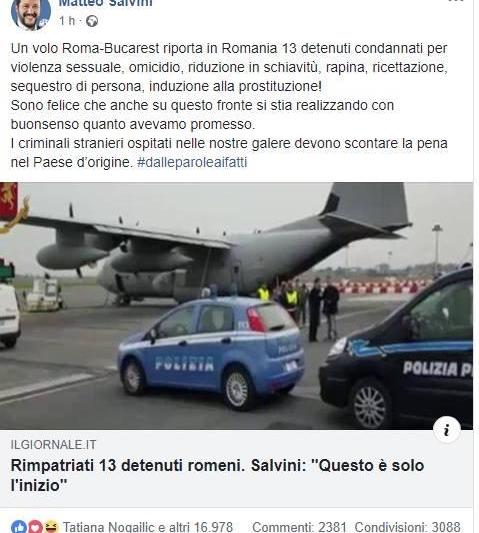 Salvini, despre detinutii romani, Foto: Captura Facebook