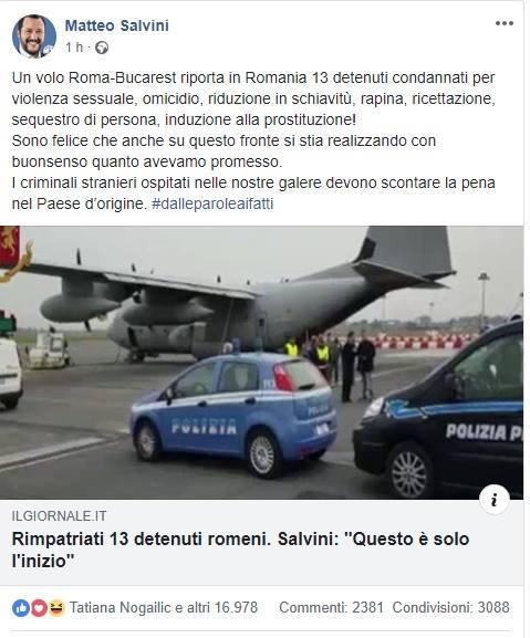 Salvini, despre detinutii romani, Foto: Captura Facebook