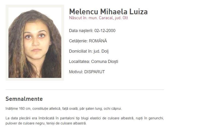 Luiza Melencu, pe pagina cu copii disparuti a Politiei, Foto: Politia Romana