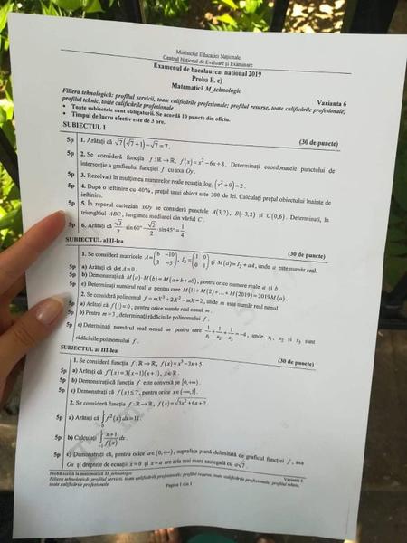Subiecte matematica bac 2019 tehnologic, Foto: Hotnews