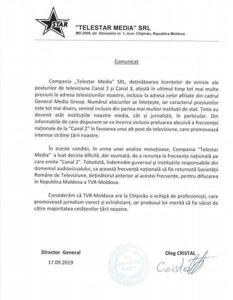Comunicatul Telestar Moldova , Foto: TVR