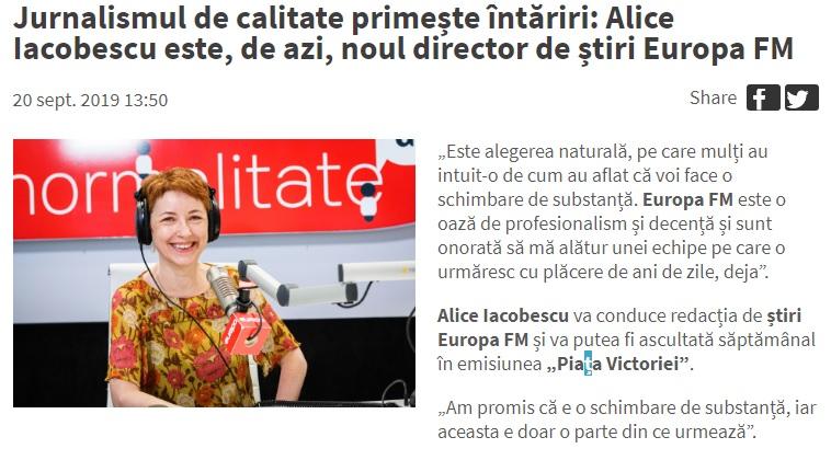 Anunțul Europa FM referitor la Alice Iacobescu, Foto: Captura EuropaFM.ro